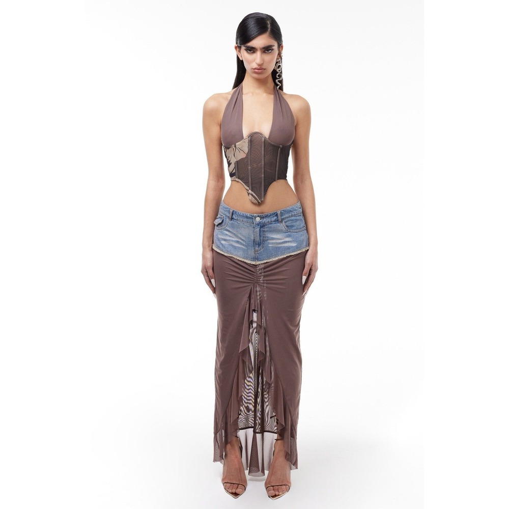 THE KRIPT Sorina Skirt Layered denim and mesh Maxi Skirt NWT Size XS